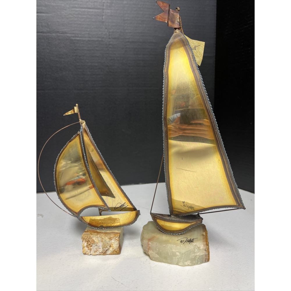 Set Of 2 Brass Sailboat Sculptures On Quartz‎ Bases Artist Signed DeMott